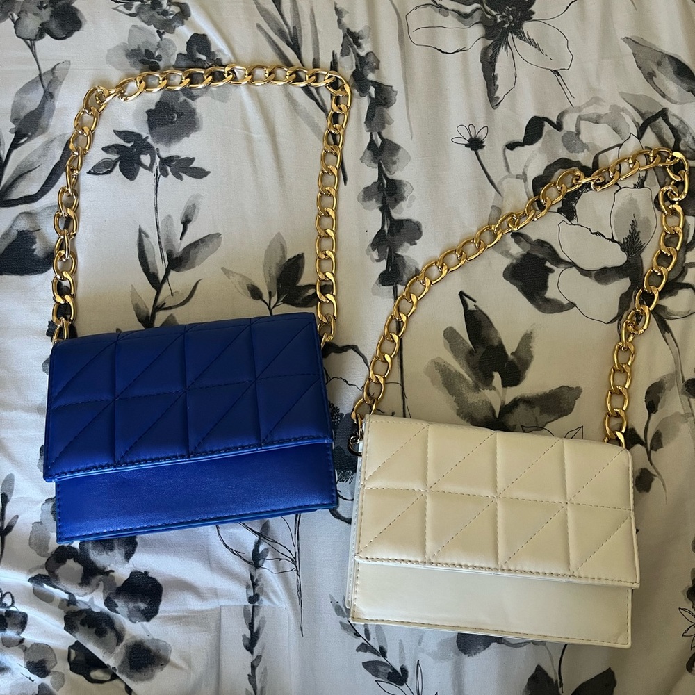 Blue and white shoulder bags